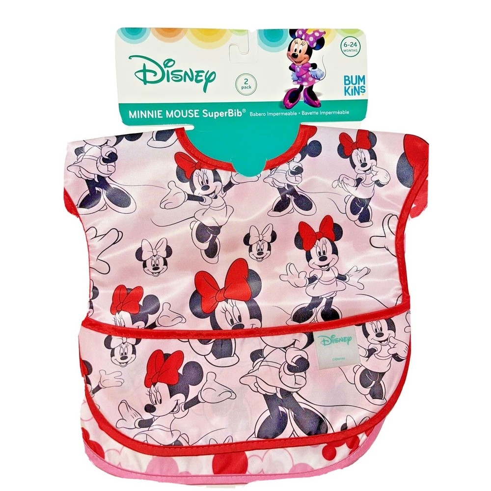Disney Bum-kins Minnie Mouse Super Bib w/FoodCatcher Pouch 6-24 Months 2 Pack
